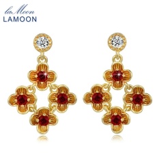 BAIK Lamoon Merah Alami Warna Merah Tua 925 Sterling Silver Classic Bunga Drop Earrings Kuning-Intl