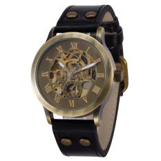 Goplm 2016 Brand Shenhua Vintage Roma Mechanical Watch Men Antik Perunggu Skeleton Automatic Mechanical Watch Leather Strap Jam Tangan (Emas)