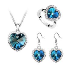 Hati dari pesona laut danau biru kristal berlian imitasi kalung cincin anting-anting Set (biru)