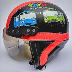 Helm Anak anak broco retro kaca riben lucu usia 1 sampai 4 tahun Motif Tayo Hitam Merah