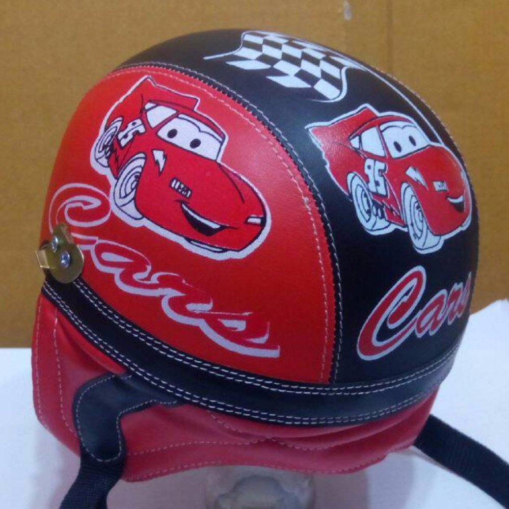 Helm Anak Lucu Retro Karakter mobil usia 1 - 5 Tahun + Kaca Riben - Hitam/Merah