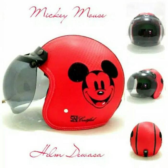 HELM BOGO BORDIR KULIT MICKEY MOUSE MERAH KACA BOGO ORI