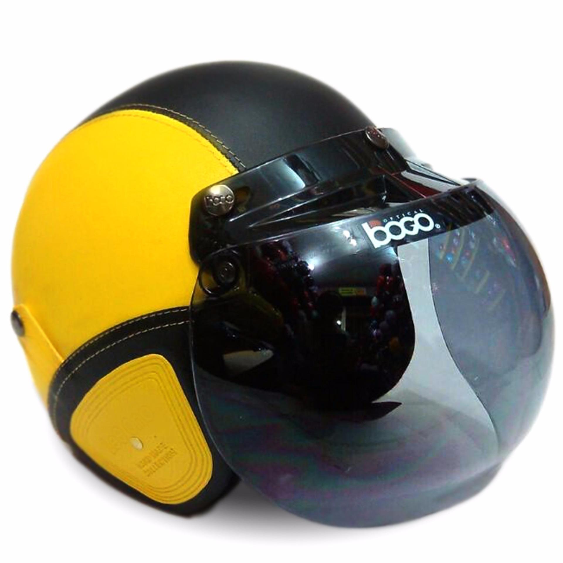 Helm Bogo Retro Full Synthetic Leather dewasa / Remaja + Kaca Bogo Original - Kuning/Hitam