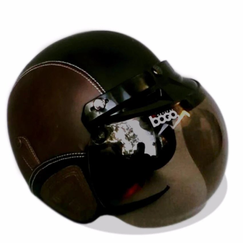 Helm Bogo Retro Full Synthetic Leather dewasa / Remaja + Kaca Bogo Original - Coklat/Hitam