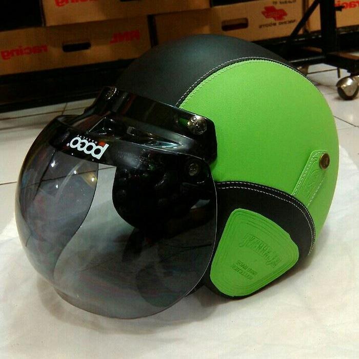 Helm Bogo Retro SNI Kulit Hijau Hitam Kaca Bogo Ori