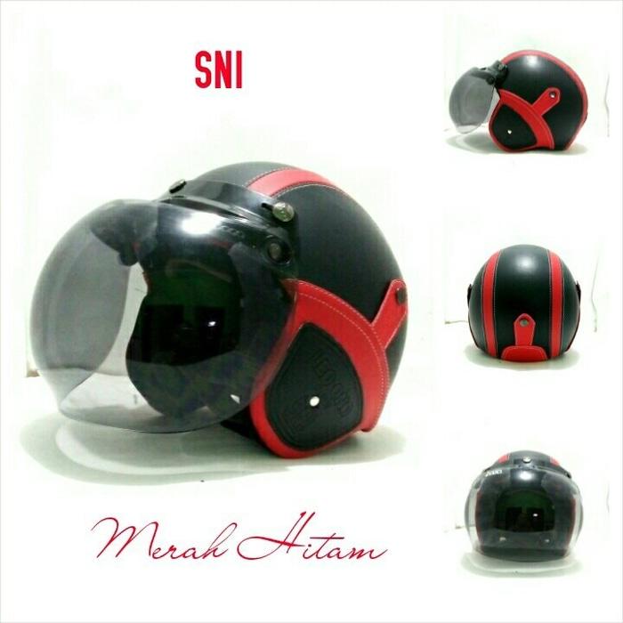 Helm Bogo Retro SNI Kulit Hitam Merah + Kaca Bogo Ori