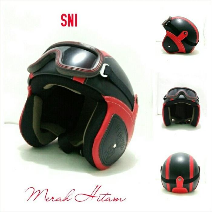 Helm Bogo Retro SNI Kulit Hitam Merah + Kacamata