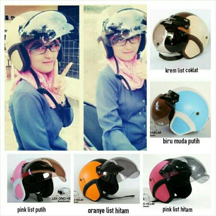 Helm Bogo Retro SNI Kulit Krem Biru Pink Orange Kaca Bogo Ori