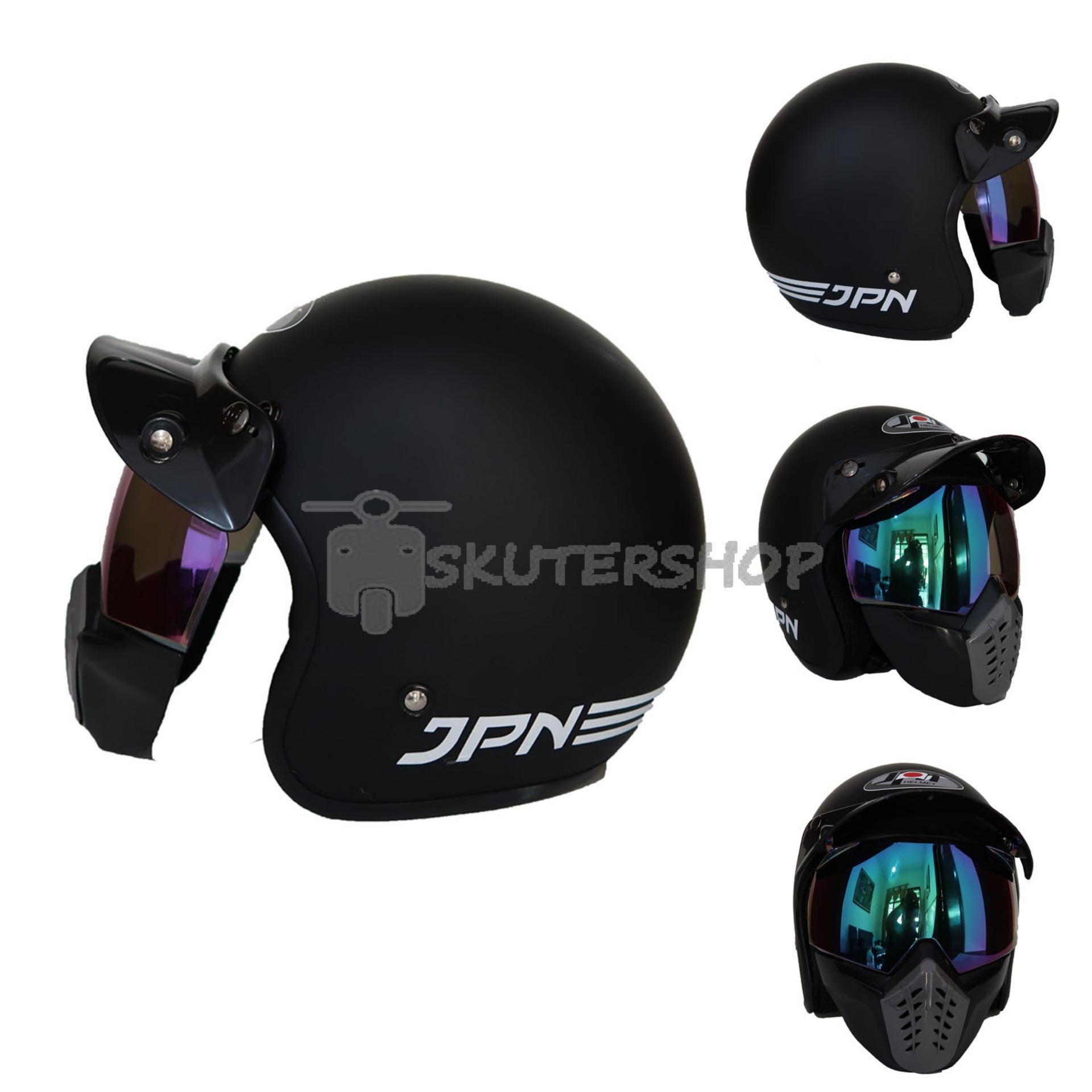 Helm JPN ARC With NEO Goggle Mask Retro Klasik Jap Style Motocross Shark Raw Visor Rainbow Black Doff Include Pet - Hitam