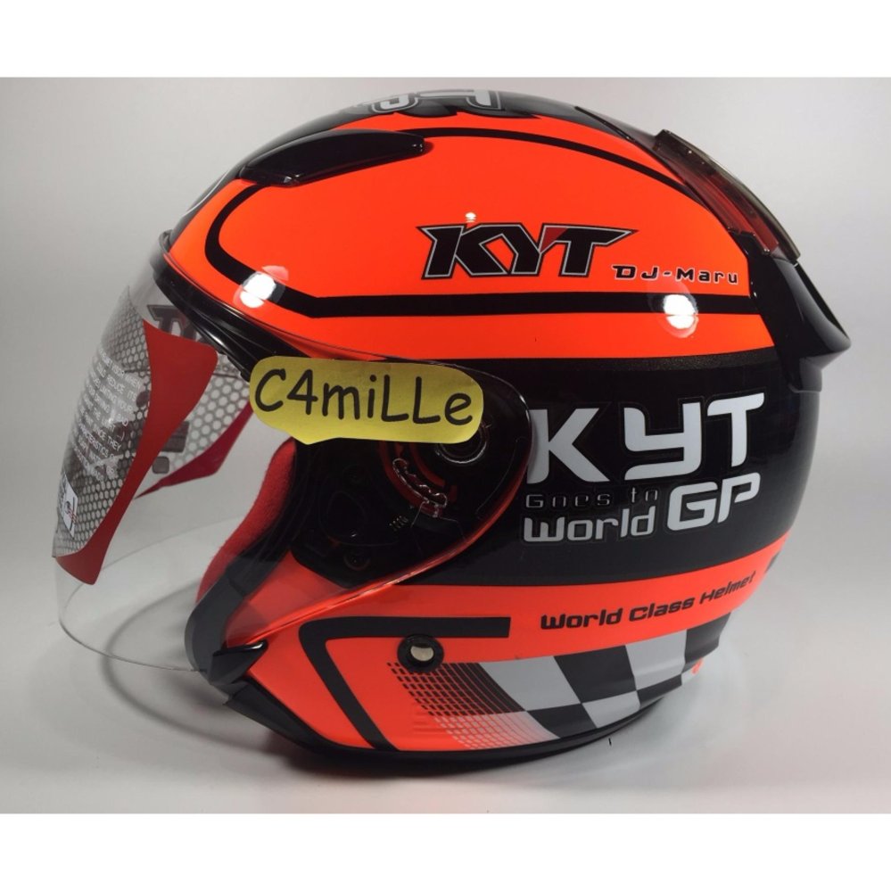 HELM KYT DJ MARU MOTIF #11 BLACK RED FLUO HALF FACE