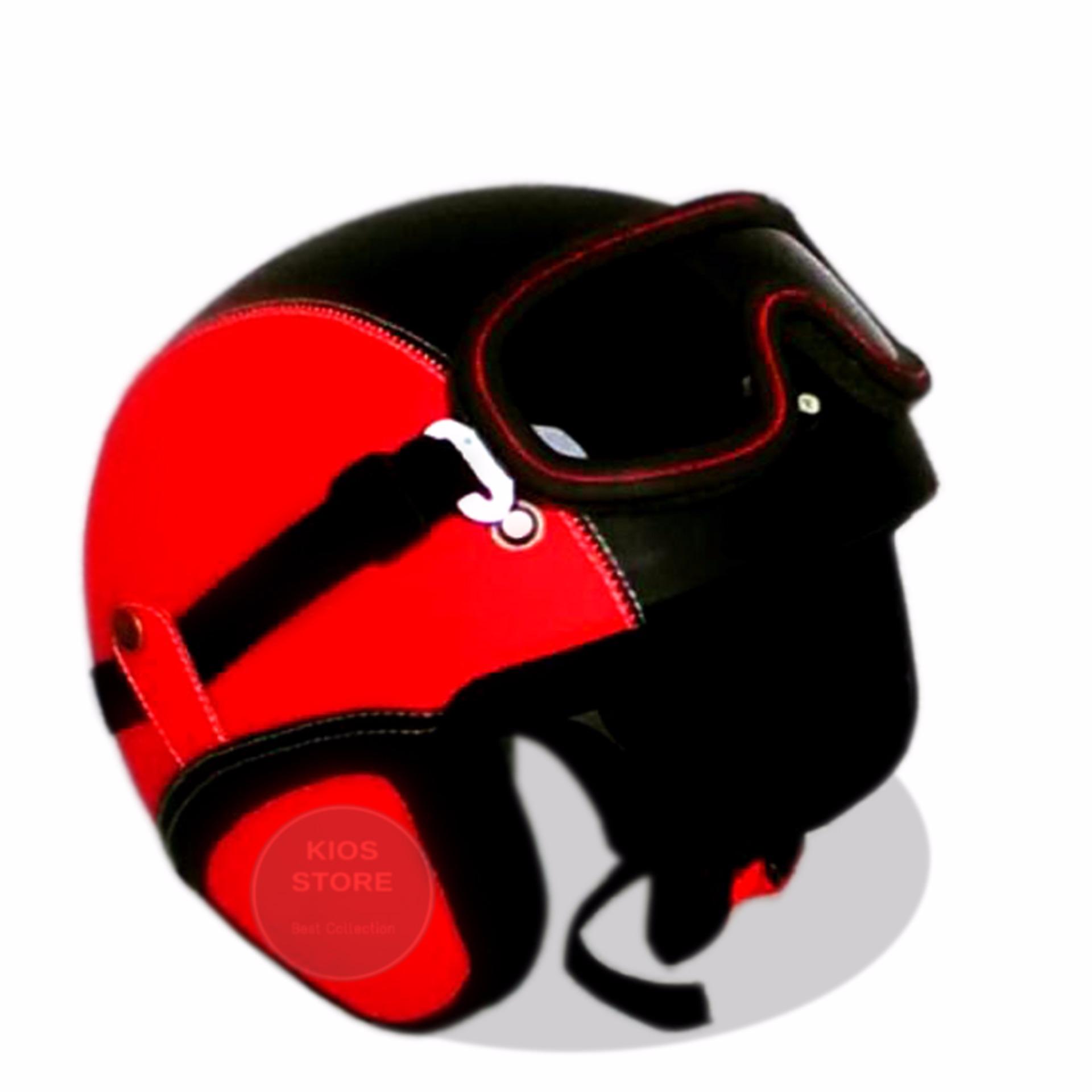 Helm Retro Kacamata Klasik Full Synthetic Leather - Merah Hitam