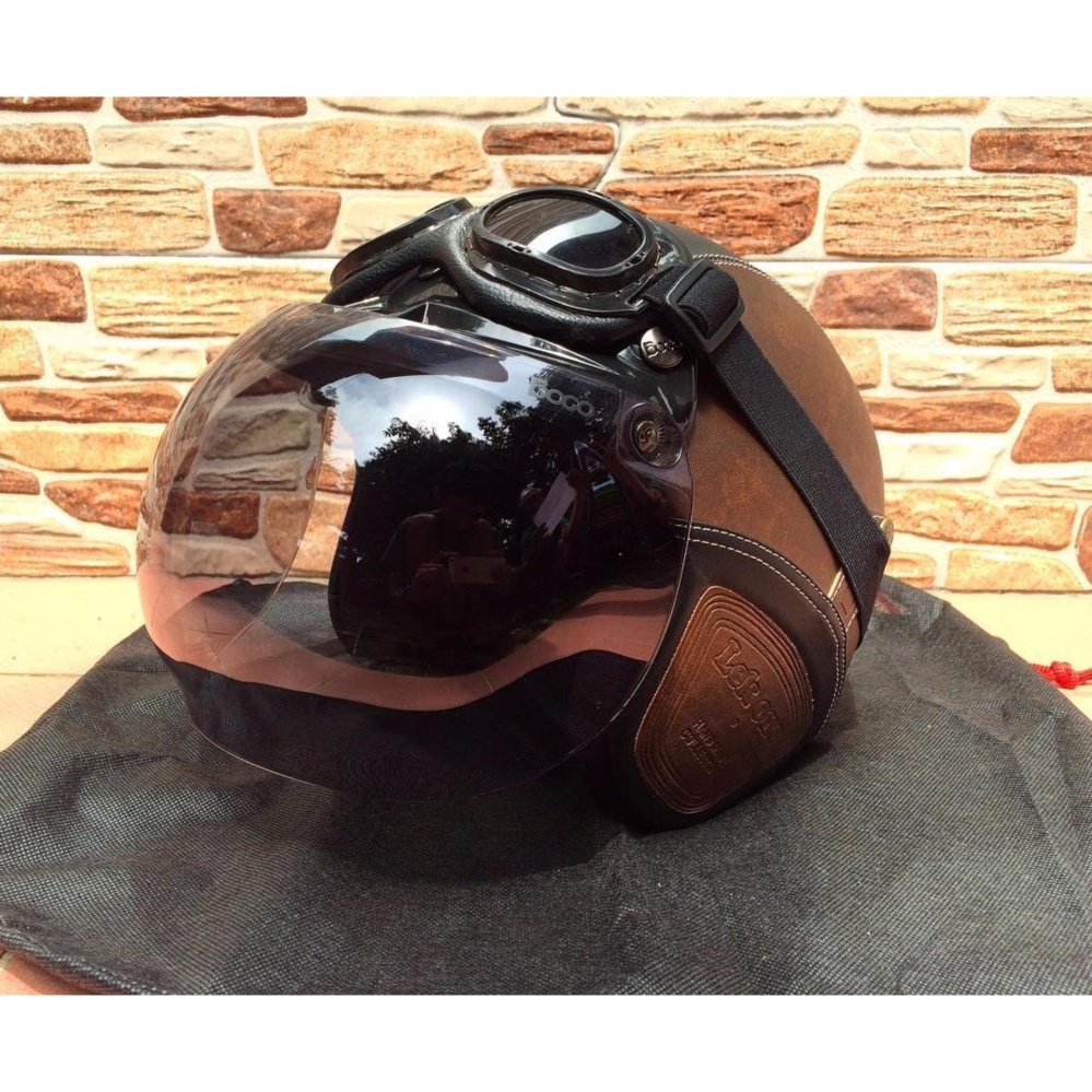 Helm Retro Klasik Full Synthetic Leather Dewasa Kaca Bogo + Kacamata Google -  Coklat Hitam