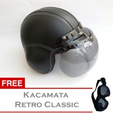 Helm Retro Pilot Bogo Dewasa Black - Free Kacamata Retro Classic