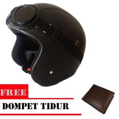 Helm Retro Vespa Clasic Kulit Full synthetic - Clasic Kaca mata Remaja / Dewasa ( Helm Retro + Kaca mata - HITAM - Free Dompet Tidur - coklat