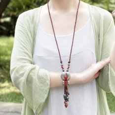 Hequ Gaya Etnik Perhiasan Perak Tibet Ikan Keramik Semi Precious Stones Long Kalung Pakaian Katun Sweater Chain-Internasional