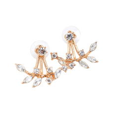 Hequ Depan dan Belakang Daun Zirkon Diamond Stud Earrings (GOLDEN)