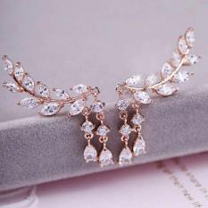 Hequ Fashion Wanita Berkualitas Tinggi Emas Berlapis Perak Perhiasan Anting Tindik Telinga Daun Rumbai Kristal Emas-ต่างประเทศ