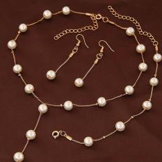 Hequ Baru Perhiasan Berlapis Emas Elegan Manis Mutiara Imitasi Wanita Seperangkat Perhiasan Aksesori Leher Sederhana Kalung Gelang Set Perhiasan Gold-Intl