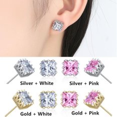 Nya Mia 6mm Square Pink CZ Diamond Mahkota Wanita Fashion Jewelry SILVER DISEPUH Stud Earrings (Emas + Pink) -Intl