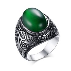 Kualitas Tinggi Titanium Steel Personalized Titanium Green Cat Eye Batu Cincin Pria Perhiasan Ukuran: 8-11-Intl