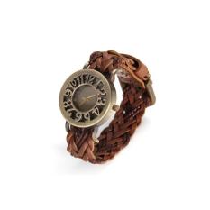 HKS Jam Tangan Brown PU Tali Menenun Gelang Wanita Vintage (Intl)