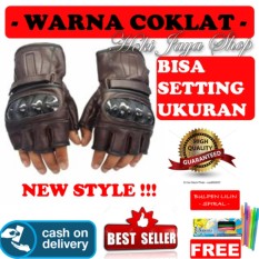 HOKI COD - Sarung Tangan Motor Kulit Half + Batok Protektor - Bahan Premium Kulit - Coklat Premium + Gratis Pulpen Lilin Unik Serba Guna Hitam Pekat - 1 Pcs