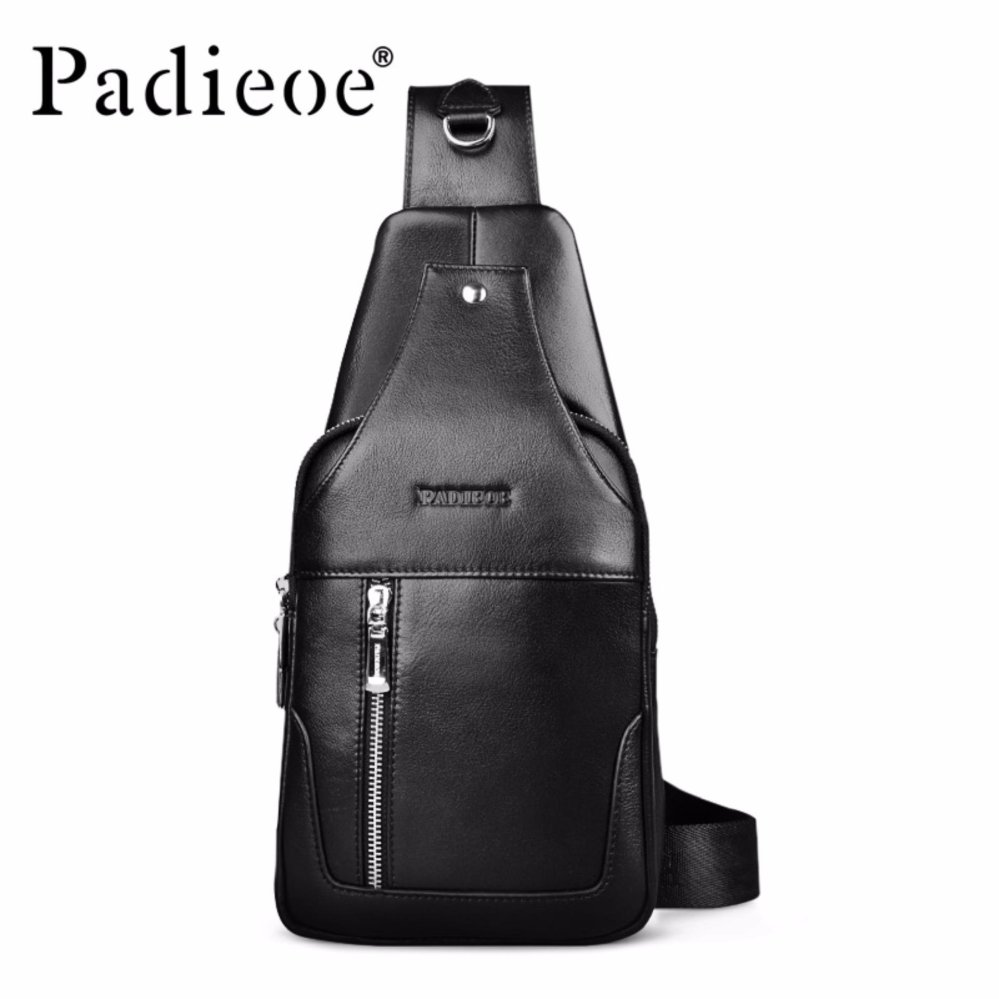 Hot 2016 Merek Baru Desain Fashion Hitam Tas Kulit Asli Chest Pack Pria Messenger Casing Vintage Tas Bahu (HITAM) -Intl
