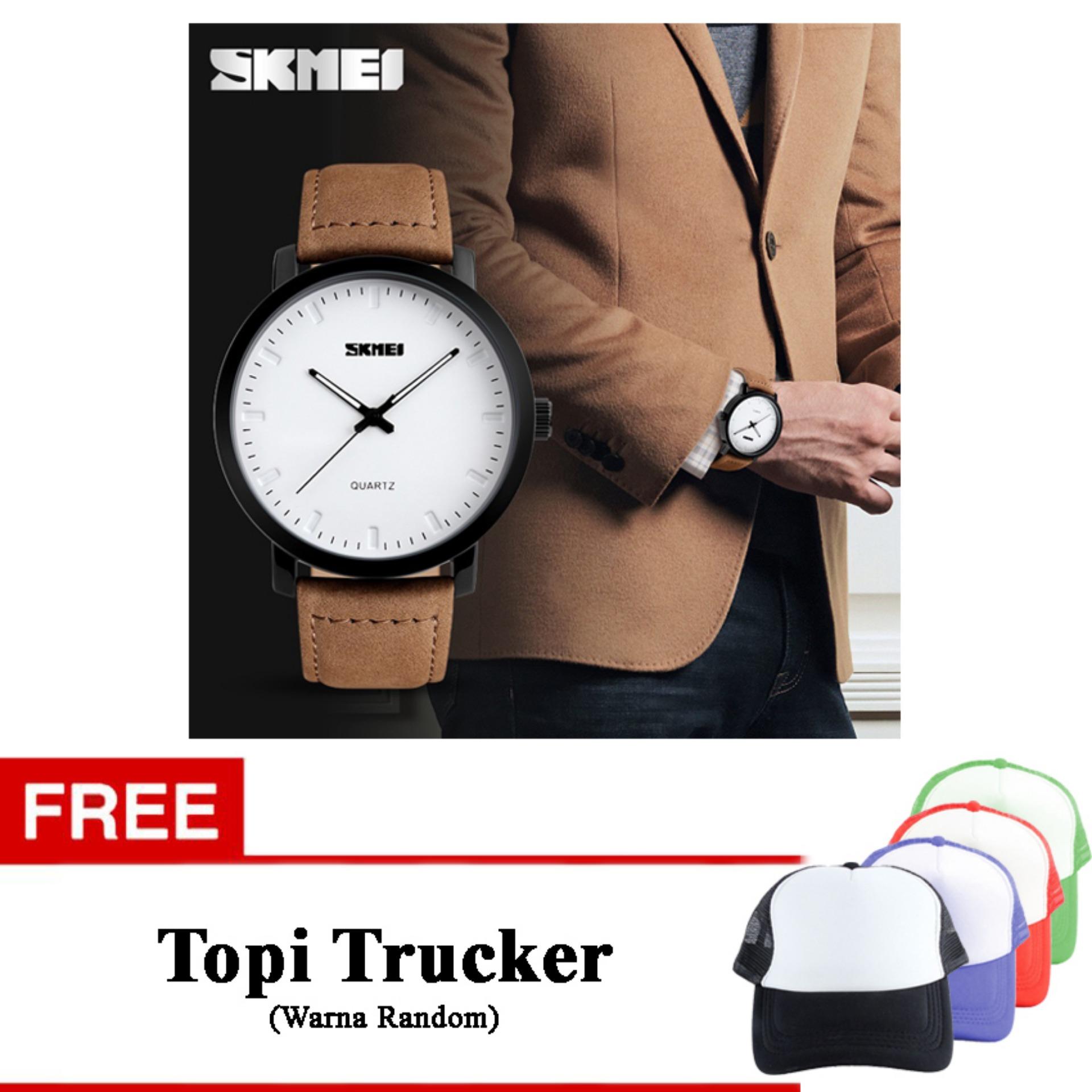 ***HOT SALE***SKMEI 1196 Kasual Pria Jam Tangan Kulit Waterproof Desain Simple Fashion Quartz Watch (coklat) free Topi Warna