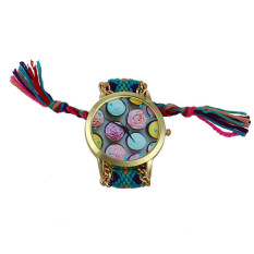 Ice cream Pattern National Wind Weaved Bracelet Quartz Watch Women Purple+Green