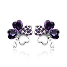 J028 Baru 4 Daun Four Leaf Clover Crystal Khusus Heart Love Stud Earrings Ungu Tua-Internasional