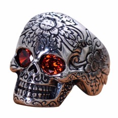 Giok Malaikat Pria Retro Perhiasan Berat Sterling Perak Cincin Tengkorak dengan Merah Kubik Zirkon-Internasional