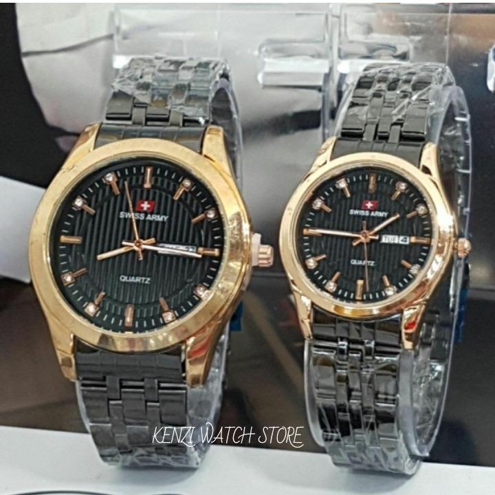 JAM TANGAN FASHION TRENDY TOKO GROSIR SWISS ARMY SPORT BLACK GOLD COUPLE /PASANGAN SA 6410 FITUR TANGGAL HARI AKTIF FULL STAINLESS RANTAI TERBARU 