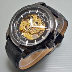 Jam Tangan Pria / Cowok Rolex Kulit Automatic Skeleton Big Size Black - Nyc9du
