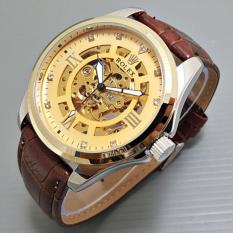 Jam Tangan Pria Rolex Skeleton Bigsize Diamond Leather Kombi Gold - Hkivax