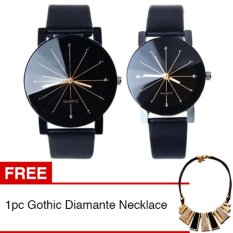Jam Tangan Quartz 1 Pair Pria dan Wanita Strap Kulit PU Men Women Stainless Steel Leather Couple Watch - Black + Gratis 1pc Gothic Diamante Necklace