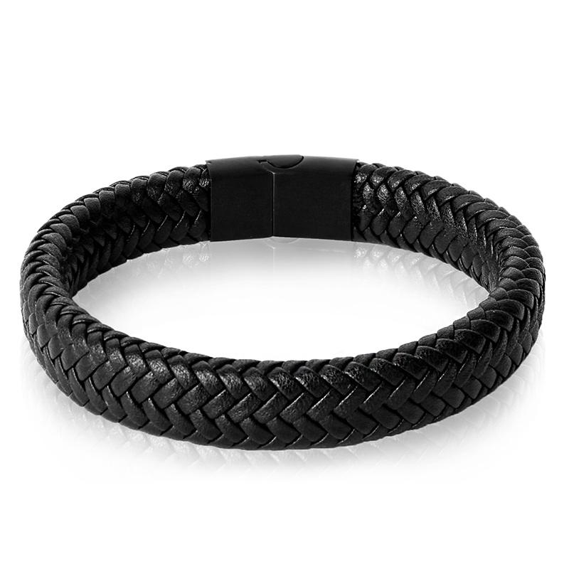 Jiayiqi Pria Gelang Stainless Woven Black Gelang Kulit Asli Pria Bangle 22 Cm-Intl