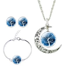 Jiayiqi Pohon From The Waktu Hidup Pasangan Anting-Anting Permata Kalung Gelang Perhiasan Set (Biru Tua)