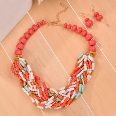 Jo. Di Coral Red Beaded Torsade Beberapa Baris Twist Bib Choker Kalung Cincin Telinga Set (Multicolor)-Intl