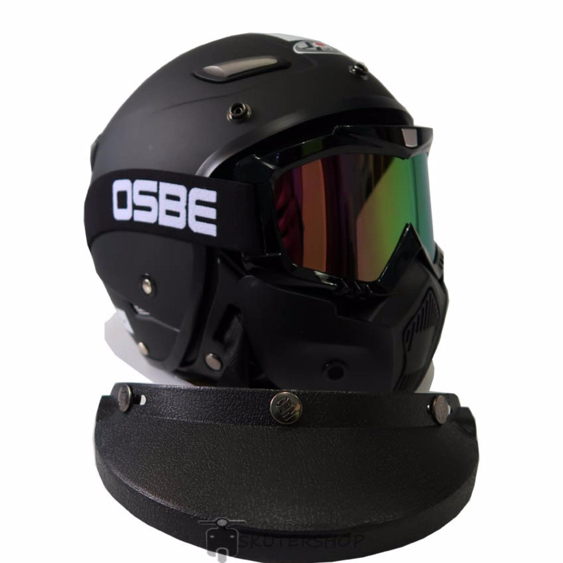 JPN Helm Momo Vintage With OSBE Goggle Mask Retro Klasik Jap Style Motocross Shark Raw Visor Rainbow Doff Plus Pet - Hitam