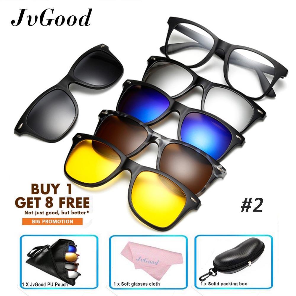 JvGood Magnetic Sunglasses Klip Pada Kacamata Unisex Polarized Lensa Retro Bingkai dengan Set 5 Lensa Running Driving Fishing Golf Baseball Glasses