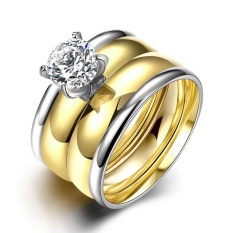Kemstone Baja Titanium Berlapis Emas Cincin Berlian untuk Wanita Pria Pecinta Cincin Pertunangan Pernikahan Cincin Set 2 In 1 Ring -Intl