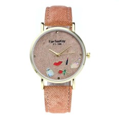 Wanita Lipstik Warna Mawar Pola Jam Pita Kanvas Kuarsa Jam Tangan Pergerakan-Intl