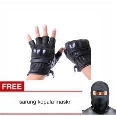 lanjarjaya Sarung Tangan Motor Kulit Half + Batok Model Protektor Kevlar warna hitam + SARUNG KEPALA MASKR
