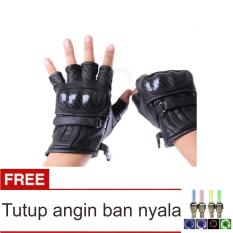 Lanjarjaya Sarung Tangan Motor Kulit Half + Batok Model Protektor Kevlar warna hitam + Tutup Angin Ban Nyala Set