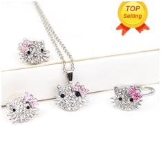 Perhiasan berlian imitasi kristal Leegoal Perak Kitty Mode yang dapat diseuaikan dengan ujung Warna Merah Muda - sambungan + anting-anting + kalung 3-in-1 set