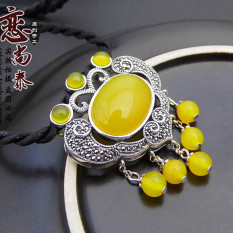 Lianshangtai S925 Retro Perak Alami Kuning Batu Akik Liontin Kalung Berantai