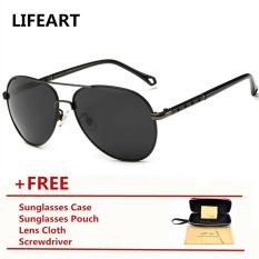 LIFEART Pria Orisinalitas Aviator Terang Bingkai Logam Hitam dan Abu-abu Lensa Polaroid Baru Fshion Kacamata Hitam (Hitam)-Intl