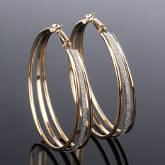 Cantik Berlapis Kristal Berlian Imitasi Tiga Lingkaran Ring Anting-Anting Menjuntai Keemasan