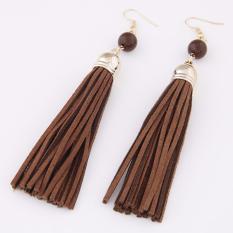 LRC Anting Elegant Coffee Beads Decorated Tassel Pendant Design Alloy Korean Earrings