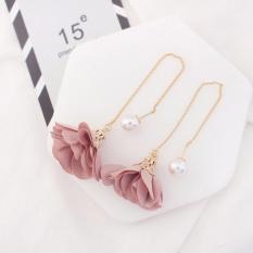 LRC Anting Gantung Elegant Dark Pink Flower Shape Decorated Simple Long Chain Earrings